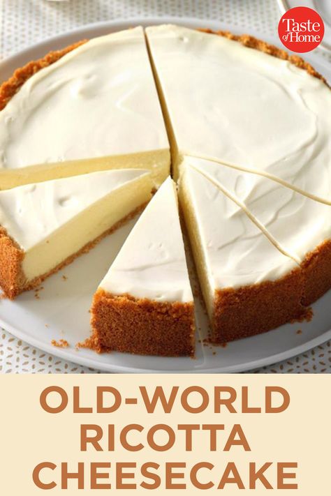 Old-World Ricotta Cheesecake Old World Ricotta Cheesecake, Baked Ricotta Cheesecake, Cheesecake Recipes With Ricotta Cheese, Cheesecake With Ricotta Cheese, No Bake Ricotta Cheesecake, Sicilian Ricotta Cheesecake, Ricotta Cheesecake Recipes, Ricotta Recipes Dessert, Ricotta Pie Recipe