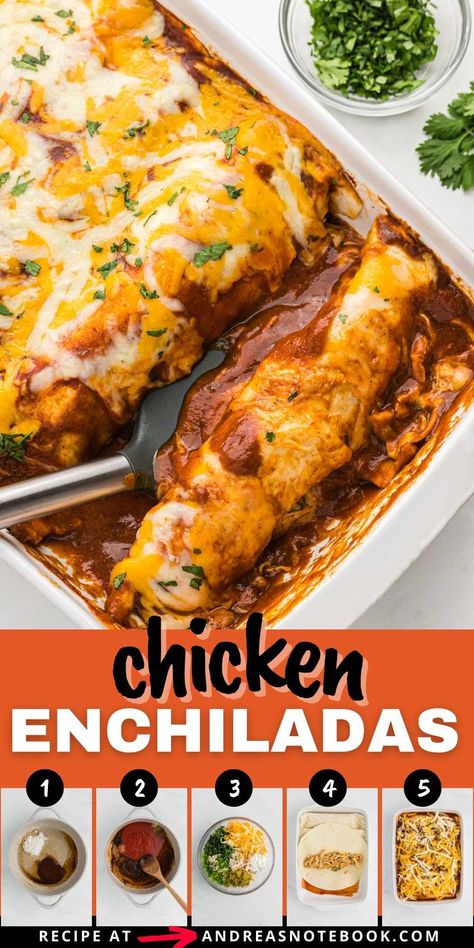 Chicken enchiladas with red sauce from scratch are way more delicious than enchiladas with canned red enchilada sauce. Read on to learn how to make homemade chicken enchiladas. This chicken enchiladas recipe with red sauce (enchiladas rojas) is made on the stovetop and then baked in the oven. This authentic Mexican Inspired enchiladas recipe is definitely the best chicken enchiladas recipe! The bold, flavorful and mild enchiladas can be made spicier, if you prefer! Restaurant Chicken Enchiladas, Oven Baked Chicken Enchiladas, Easy Chicken Enchiladas 4 Ingredients, Red Chicken Enchilada Recipe, Chicken Enchiladas Easy Red Sauce Simple, Large Batch Enchiladas, Chi Ken Enchiladas, Chicken Enchilada Recipe Red Sauce, Mexican Chicken Enchiladas Authentic