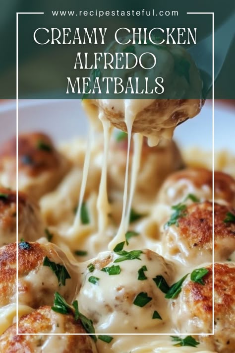 These creamy chicken Alfredo meatballs are a deliciously comforting dish, combining tender meatballs with a rich and velvety Alfredo sauce. Perfect for serving over pasta or with garlic bread, it's a family favorite that will please everyone at the dinner table. Garlic Alfredo Chicken Meatballs, Chicken Meatball Alfredo, Chicken Meatballs Cream Sauce, Creamy Chicken Meatballs, Chicken Alfredo Meatballs, Meatball Alfredo Pasta, Meatballs With Alfredo Sauce, Chicken Meatballs And Pasta, Chicken Meatball Pasta