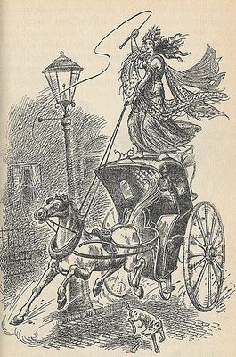 Magician's Nephew - Jadis, the future White Witch, drives the cab, pulled by Strawberry, the first flying horse -- Fledge. Narnia House, Narnia Artwork, Narnia Illustrations, Jadis The White Witch, Magician's Nephew, Pauline Baynes, Chronicles Of Narnia Books, The Magicians Nephew, Ice Castle