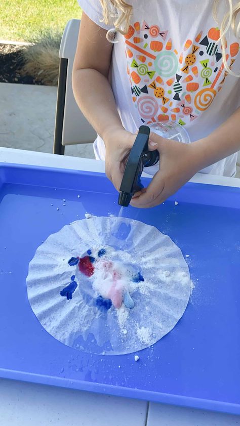 Fizzy Spray Bottle Art - Toddler Approved Spray Bottle Activities, Spray Bottle Art, Science For Toddlers, Baking Soda And Vinegar, Baking Soda Vinegar, Art Activities For Toddlers, Blue Food Coloring, Easy Toddler, Blue Food