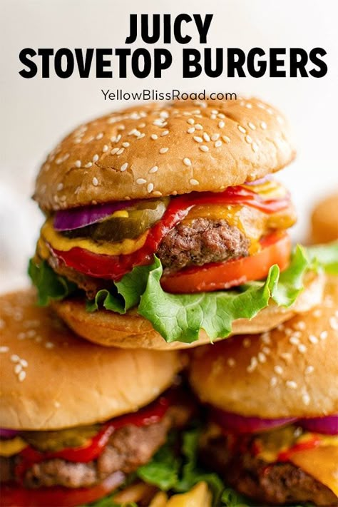 Stovetop Burgers Cheeseburger On Stove, Juicy Burger Recipe Stove, Juicy Hamburgers Stove, Burger Recipes Beef Stove, Burger Recipes On Stove, Hamburger Recipes Burgers Stove Top, Hamburger Recipes Stove Top, Best Stove Top Burgers, Hamburgers On Stove Top