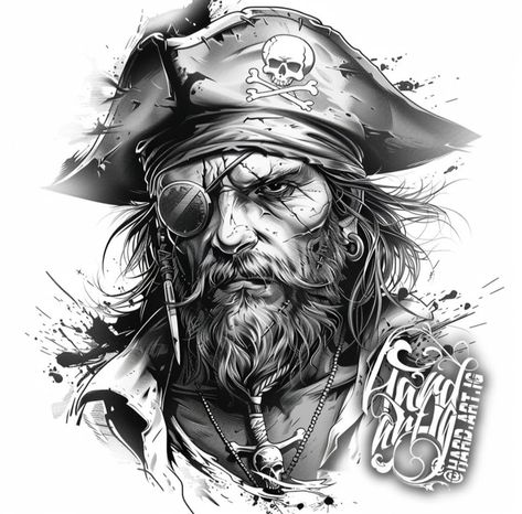 Female Pirate Tattoo, Pirate Face Tattoo, Pirate Tattoo Sketch, Pirate Tattoo Design, Pirate Themed Tattoos, Pirate Tattoo Sleeve, Pirates Tattoo, Triathlon Tattoo, Tattoo Linework