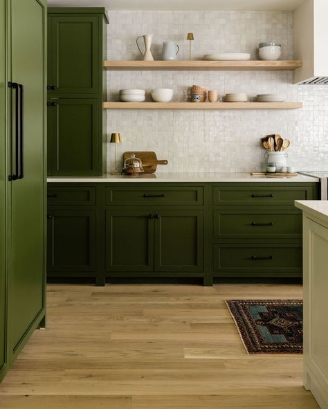 Going green never looked so good. 🥬 Little Square laid the groundwork for this HGTV-featured kitchen. Design: @kimspradlinwolfe 📷: @madelineharperphoto Kim Wolfe, Green Shaker Kitchen, Olive Kitchen, Neutral Tile, Renovated Kitchen, Midcentury House, Shaker Kitchen, Going Green, Painting Kitchen Cabinets