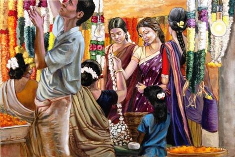 The Flower Market, Composition Drawing, Composition Painting, Indian Illustration, Human Figure Sketches, Scene Drawing, Oil Painting For Sale, Om Namah Shivaya, Female Art Painting