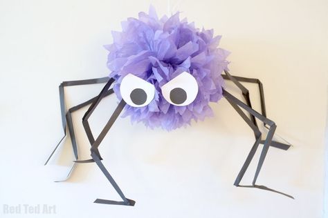 Pom Pom Spider, Spiders For Halloween, Pom Pom Spiders, Giant Pom Pom, Paper Halloween Decorations, Pom Pom Decorations, Red Ted Art, Paper Pom Pom, Spider Decorations