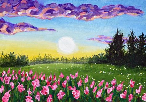 colorful landscape painting Landscape Drawing For Kids, Sunset Painting Acrylic, Easy Landscape Paintings, Landscape Paintings Acrylic, Easy Canvas Painting, Spring Landscape, Spring Painting, Simple Acrylic Paintings, Paint And Sip