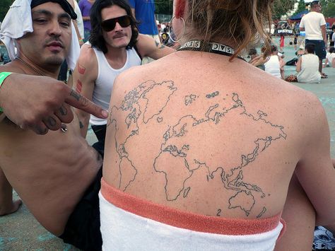 . World Map Tattoo Back, World Map Tattoo, World Map Tattoos, Map Tattoo, Peggy Gou, Verse Tattoos, Map Tattoos, Tattoos Inspo, Tattoo Back