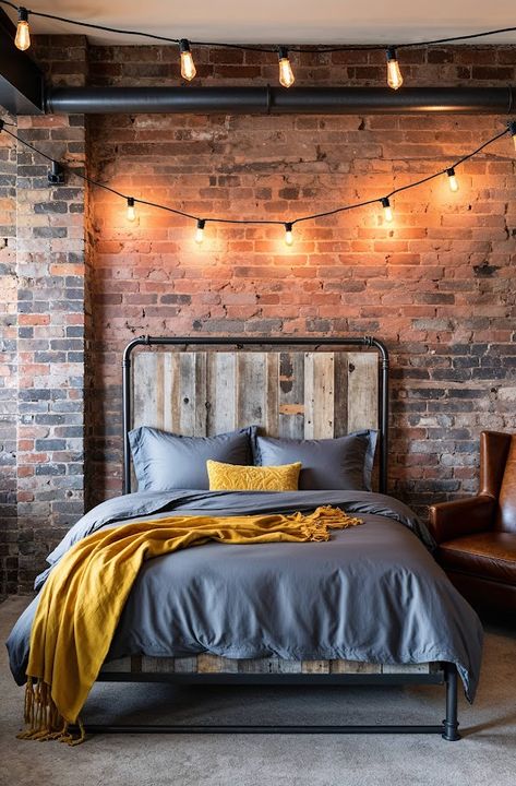 Exposed brick walls provide a striking backdrop for a metal bedframe with weathered wood accents. Soft, charcoal gray bedding is layered with mustard yellow throws. Edison bulb string lights hang above the headboard, casting a warm glow. A leather armchair in the corner adds a touch of luxury. Edison Bulb String Lights, Gray Bedding, Cozy Bedroom Design, Cozy Bedrooms, Bulb String Lights, Warm Lighting, Exposed Brick Walls, Brick Walls, Calming Colors