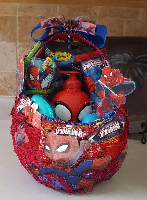 Spider-Man Easter Gift Basket Made It For My Grandson Jordan . Norma's Unique Gift Baskets. | Girl gift baskets, Unique gift baskets, Black christmas decorations Spider Man Easter Basket, Man Easter Basket, Spiderman Easter Basket, Mens Easter Basket, Easter Basket Themes, Black Christmas Decorations, Easter Baskets To Make, Spiderman Gifts, Unique Gift Baskets