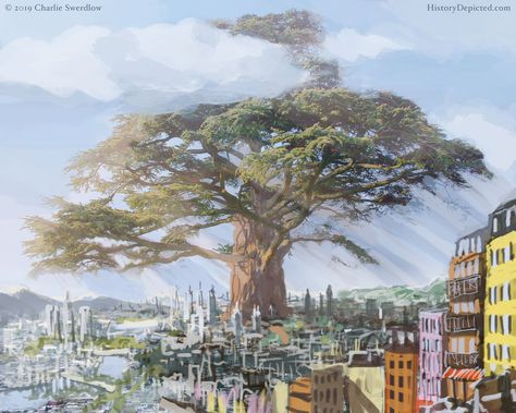 Here’s a city built around a giant tree. Giant Trees Fantasy Art, Giant Tree City, Giant Tree Art, Giant Tree Drawing, Giant Tree Fantasy Art, Giant Tree Minecraft, Big Tree Drawing, Elf City, Town Drawing