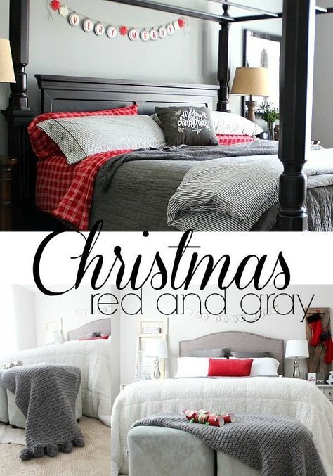 Plaid Ideas - Bedroom red and gray for Christmas Farmhouse Bedroom Bedding, Holiday Bedroom, Red Christmas Decor, Red Bedding, Christmas Bedding, Bedroom Red, Christmas Decorations Bedroom, Bedroom Decor Design, Christmas Bedroom