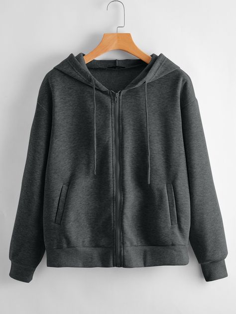 Dark Grey Casual  Long Sleeve Polyester Plain Zip Up Embellished Slight Stretch Spring/Fall Women Sweatshirts Dark Grey Hoodie, Thermal Hoodie, Women Sweatshirts, Striped Hoodie, 여자 패션, Zip Up Sweater, Drawstring Hoodie, Trendy Fashion Women, Dream Clothes