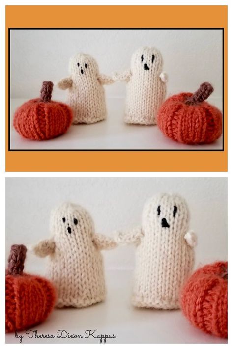 Wee Ghosties Free Knitting Pattern Halloween Knitting Patterns Free, Knitted Pumpkins, Halloween Knitting Patterns, Knitted Christmas Decorations, Halloween Knitting, Fall Knitting Patterns, Bunny Crochet Pattern, Pet Sweaters, Holiday Knits