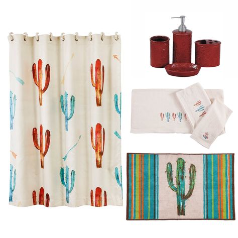 Welcome a fun, vibrant Southwestern feel to your bathroom with this desert-inspired bathroom set. Taking elements from the Southwest, this set features Saguaro cacti, varied stripes, and arrow motifs brightly painted in a serape-inspired palette. Cactus Bathroom Decor, Cactus Bathroom, Cream Bath Towels, Cactus Shower Curtain, Rug Machine, Bath Collection, Bathroom Decor Sets, Red Ceramic, Bath Accessories Set