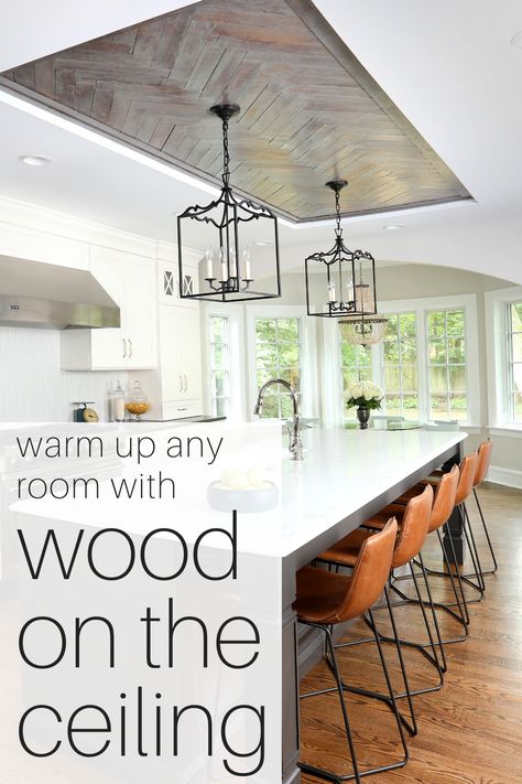 Wood ceiling details Wood Ceilings In Kitchen, Tray Ceiling Over Kitchen Island, Ceiling Above Kitchen Island, Ceiling Over Kitchen Island, Kitchen With Wood Ceiling, Wood Ceiling Kitchen, Accent Ceiling Ideas, 1900 Kitchen, Wood Coffered Ceiling