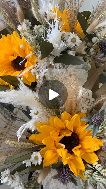 Kate Hindley | Blooming Artificial on Instagram: "Sunflower themed wedding flowers completed today.  I loved making these as sunflowers are my happy flower.  They’re so bright and cheerful 🌼  These flowers are a mix of artificial, dried and preserved.   #sunflower #wedding #bohoweddding #rusticwedding #autumn #autumnwedding #fall #fallwedding #bouquet #sunflowerbouquet #pampas #grasses #driedflowers #preservedflowers #artificialflowers #wheat #barley  #daisy #thistle #handmade #bespoke #smallbusiness" Pampas Grass And Sunflowers, Kate Hindley, Sunflower Arrangements, Sunflower Themed Wedding, Pampas Grass Bouquet, Memorial Flowers, Sunflower Bouquets, Happy Flowers, Sunflower Wedding