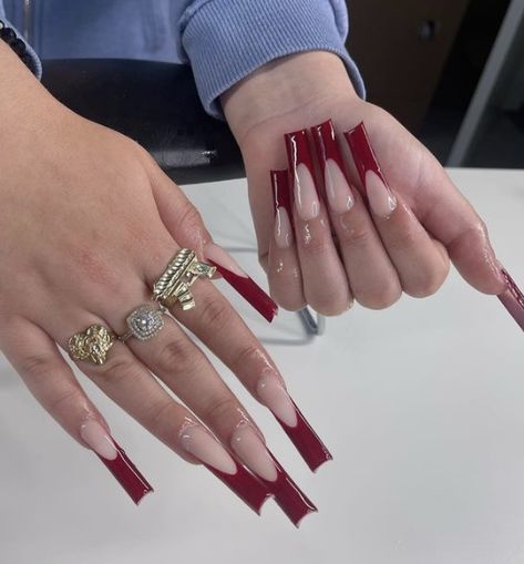 Long Dark Red Acrylic Nails, Red Deep French Tip Nails, Maroon French Tip Nails Square, Long Red French Tip Nails, Red And Pink Acrylic Nails, Long Red Acrylic Nails, Classy Long Nails, Dark Red French Tip, Dark Red French Tip Nails