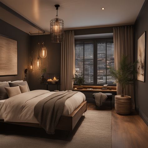 Dark Tone Bedroom Cozy, Nature Aesthetic Home, Dark Neutral Interior, Scandi Modern Bedroom, Black And Dark Brown Bedroom, Brown Luxury Bedroom, Dark Brown Master Bedrooms Decor, Interior Design Dark Bedroom, Dark Moody Earthy Bedroom