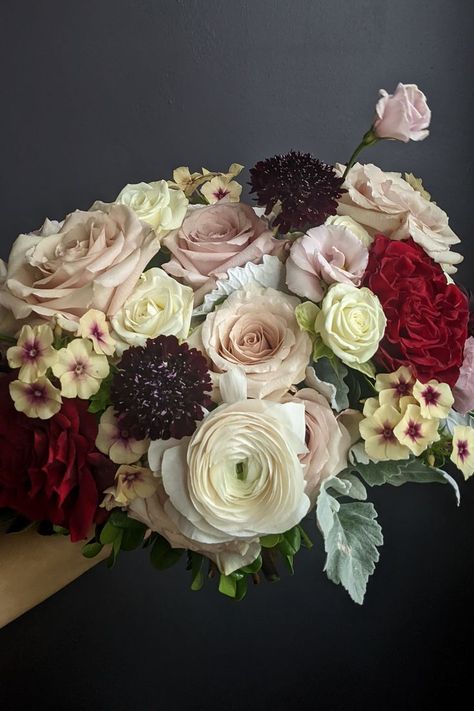 Bridal bouquet for a summer wedding in blush, cream and burgundy. Nova Scotia Wedding, Bridal Party Flowers, Blush Cream, July Wedding, Wedding Vision, Bridal Bouquets, Wedding Florist, Wedding Season, Bridal Bouquet