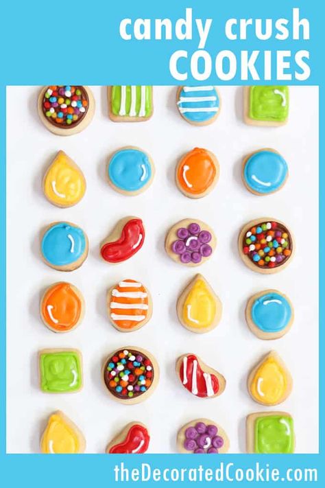 how to decorate candy crush cookies -- video game -- video how-tos #CandyCrush #Cookies #CookieDecorating #VideoGames Incredible Desserts, Rainbow Sweets, Cookies Video, Fruit Splash, Icing Ideas, Fruit Pops, Candy Games, Cookie Videos, Candy Crush Saga