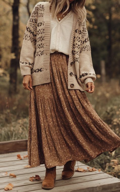 Discover the ultimate boho layering essentials for effortless fall outfits you'll love. Embrace cozy cardigans, chic scarves, and stylish boots to create perfect autumn looks. #BohoFashion #FallStyle #LayeringOutfits Fall Flowy Skirt Outfit, Boho In Winter, Christmas Boho Outfits, Earthy Classy Outfits, Autumn Colorful Outfits, Layered Cardigan Outfit, Boho Style Winter Fall Outfits, Office Boho Outfit, Comfy Boho Outfits