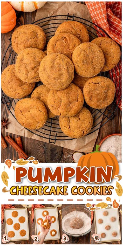 These soft Pumpkin Cookies are filled with a sweetened cream cheese center that takes them from basic to bakery-style! Cream Cheese Filled Pumpkin Cookies, Cream Cheese Pumpkin Cookies, Pumpkin Cream Cheese Cookies, Pumpkin Cheesecake Cookies Recipe, Cookies With Cream Cheese Filling, Pumpkin Pudding Cookies, Best Pumpkin Cookies, Pumpkin Cookies With Cream Cheese, Pumpkin Cheesecake Cookies