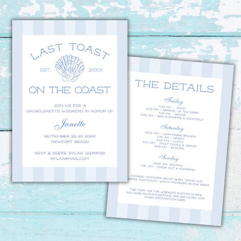 Beach Last Toast On The Coast Bachelorette Weekend Invitation Last Toast On The Coast Bachelorette Invite, Toast On The Coast Bachelorette, Last Toast On The Coast, Toast On The Coast, Trendy Invitations, Bachelorette Weekend Invitations, Themed Bachelorette, Bachelorette Party Beach, Weekend Itinerary