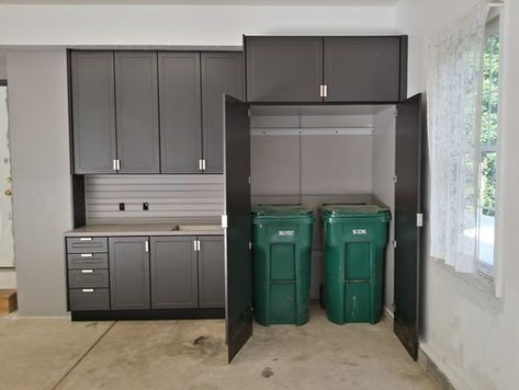 Trashcan cabinet Garage Cabinet Systems, Hide Trash Cans, Garage Goals, Trash Can Storage, Contemporary Garage, Garage Storage Inspiration, Garage Design Interior, Trash Can Cabinet, Large Garage