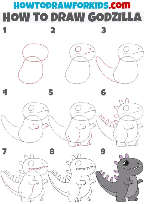 How to Draw Godzilla - Easy Drawing Tutorial For Kids Draw Godzilla, Cute Godzilla, How To Draw Cute, Gol D Roger, Beloved Movie, Easy Drawing Tutorial, Drawing Tutorials For Kids, Draw Cute, Painted Rock Ideas