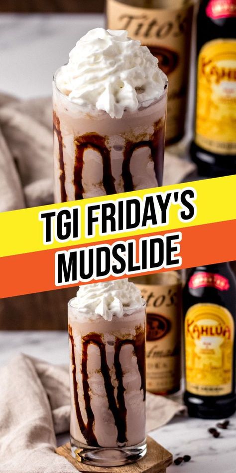 TGI Friday’s Mudslide Copycat recipe for the ultimate boozy milkshake with vodka, Baileys, Kahlua plus both chocolate and vanilla ice cream.  You can also double or triple the batch for a game day dessert sure score big with your guests! Mudslide Recipe Alcohol, Boozy Milkshake Recipes, Mudslide Recipe, Vanilla Drinks, Boozy Milkshake, Coffee Milkshake, Tgi Fridays, Mudslide, Dessert Cookbooks