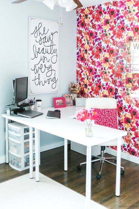 One Room Challenge: Office Reveal from Amber Oliver. Bright, color, feminine office / craft room! DIY floral fabric covered wall and DIY acrylic calendar. Home Office Backdrop, Office Backdrop, Diy Home Office, Fabric Covered Walls, Feminine Office, White Office, Office Makeover, Office Crafts, Craft Room Office