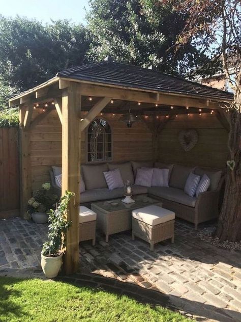 Decking Ideas Garden Seating Areas, Pagoda Ideas Garden, Garden Pagoda Ideas Pergolas, Outdoor Pagoda Ideas, Wooden Pagoda Garden Ideas, Bunting Ideas Outdoor, Garden Shelter Ideas Diy, Pergola Seating Ideas, Garden Pagoda Ideas