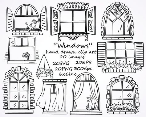 Home Clipart, Window Clipart, Windows Frame, Window Drawing, House Drawing, Drawing Set, Photo Overlays, Digital Scrapbooking Kits, Doodle Drawings