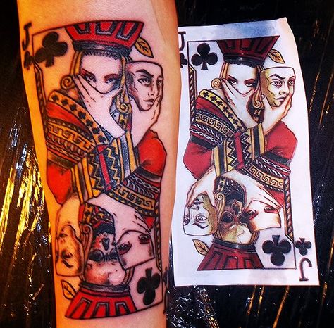 "Done by Grant Alvarez in Gainesville Florida.   I have an affinity for playing cards. And faces. I figured, hey, why not put them together. This piece came out absolutely perfect."  is pretty cool! Card Tattoos, Joker Card Tattoo, Playing Card Tattoos, Jack Tattoo, Joker Tattoo, Gainesville Florida, Joker Card, Gambling Tattoo, Card Tattoo