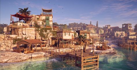 Fantasy Fishing Village, Ancient Greek Village, Fishing Village Art, Pencil Images, Ancient Egypt Architecture, Greek Village, Red Mullet, Assassin's Creed Odyssey, Greek Sea