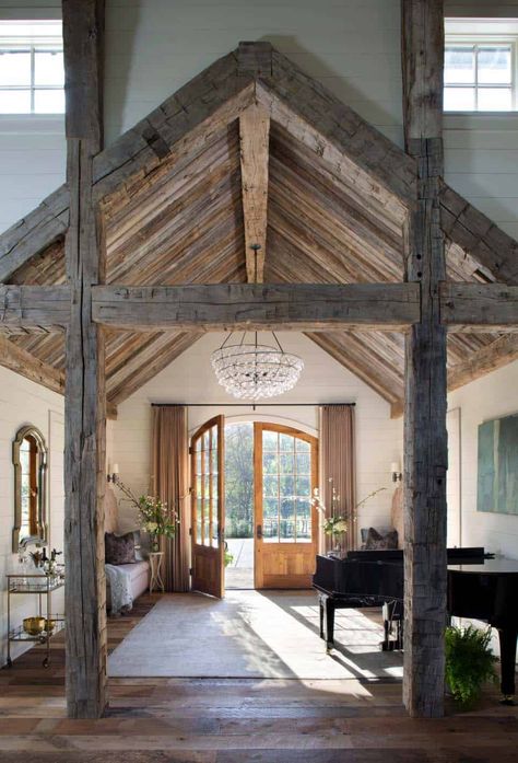 Take a peek inside this gorgeous entertainment barn in Tennessee Modern French, Open Living Room, Barn Style House, Farmhouse Interior, Pole Barn Homes, Barn House Plans, Wood Beams, The Ceiling, Style At Home