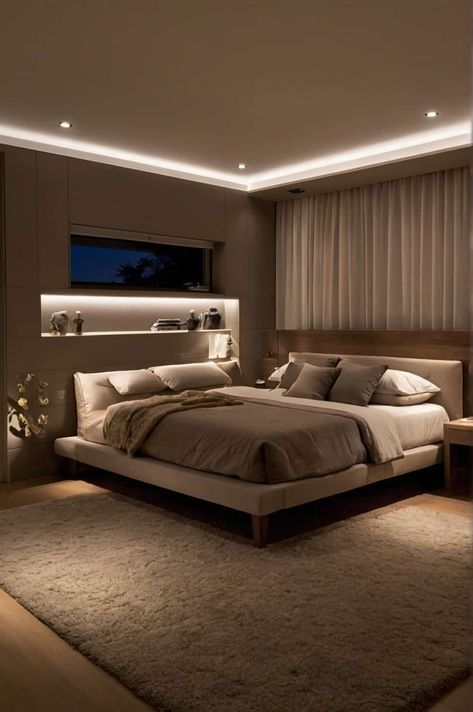 bedroom light ideas with ambient lighting beside the bed Beige Theme Bedroom, Large Attic Bedroom, Cozy Bedroom Lighting Ideas, Windowless Bedroom Ideas, Open Concept Bedroom, Bedroom Ceiling Lighting Ideas, Bedroom Light Ideas, Nude Bedroom, Scandinavian Interior Bedroom