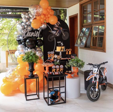 Motorcycle Birthday Party Ideas, Motor Cross Birthday Party Ideas, Ktm Birthday Party Ideas, Ktm Birthday Party, Dirt Bike Birthday Party Decorations, Motorcycle Party Ideas Kids, Motocross Birthday Party Decorations, Dirtbike Themed Birthday Party, Bike Party Ideas