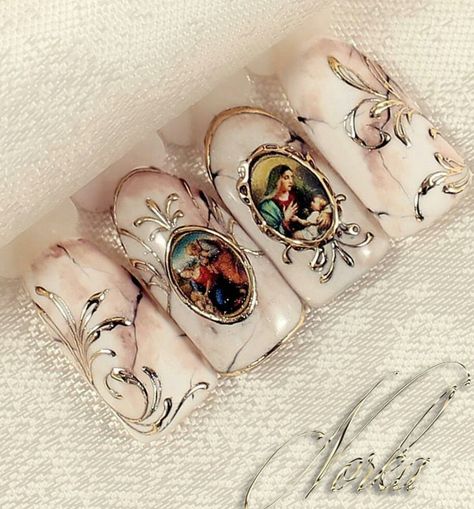 Antique Nail Art, Cameo Nails, Rococo Nails, Bright Acrylic Nails, 3d Nail Art Designs, Angel Nails, Art Deco Nails, Vintage Nails, Goth Nails