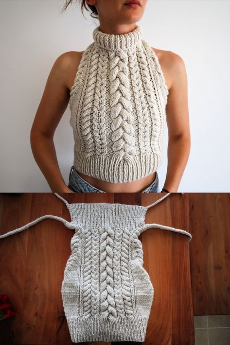 crazy for cables? get plenty of pracice with this cableicous cable knit halter top pattern. Halter Top Knitting Pattern, Knitted Halter Top, Handicraft Ideas, Top Knitting Pattern, Halter Top Pattern, 100 Crochet Stitches, Crochet Cable, Making Stuff, Pattern Knitting