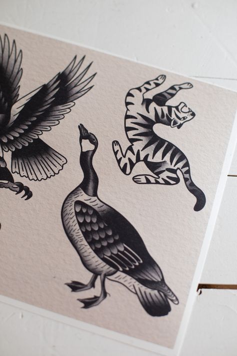 Traditional Animal Tattoo Flash, American Traditional Goose Tattoo, Goose Tattoo Traditional, Tiger American Traditional Tattoo, Old School Tattoo Tiger, American Traditional Bird Tattoo, Bird Tattoo Traditional, Old School Tiger Tattoo, Old School Tattoo Design Black