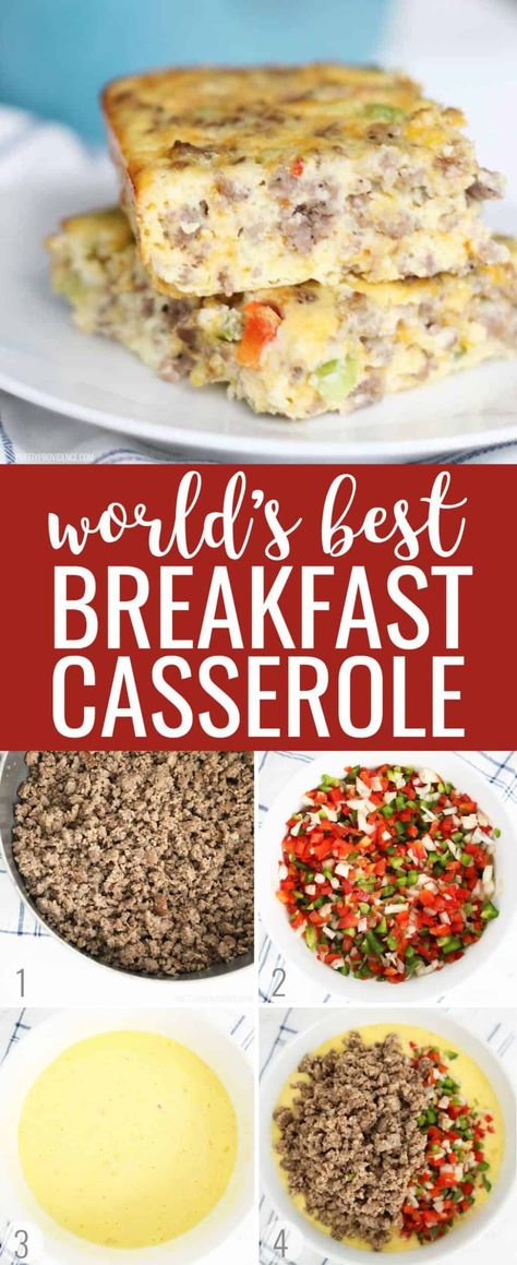 This is LITERALLY the world's best breakfast casserole! This easy casserole is filled with sausage, cheese, eggs, veggies and everything good! Breakfast Casserole No Cheese, Breakfast Casserole No Bread, Breakfast Casserole Without Bread, Breakfast Casserole With Veggies, Sweet Casserole, Bacon Breakfast Casserole, The Best Breakfast Casserole, Brunch Casseroles, Veggie Breakfast Casserole