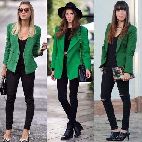 Green Blazer Jeans Outfit, Green Blazer Outfit Fall, Green Blazer Outfit Night Out, Kelly Green Blazer Outfit Work, Emerald Green Blazer Outfits For Women, Coloured Blazer Outfit, Green Blazer Outfits For Women Work, Bright Green Blazer Outfit, Colored Blazer Outfits Business