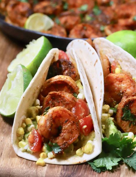 Blackened Shrimp Tacos with Avocado Salsa Recipe Tacos With Corn Salsa, Blackened Shrimp Tacos, Tacos Dinner, Health Lunch, Tacos With Avocado, Avocado Salsa Recipe, Mango Slaw, Blackened Shrimp, Mexican Menu