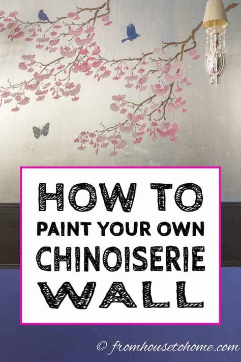 How To Paint Your Own DIY Chinoiserie Wall | DIY Decorating Ideas Diy Chinoiserie, Expensive Wallpaper, Paint Walls, Chinoiserie Pattern, Painting Walls, Trending Paint Colors, Diy Wall Painting, Interior Decorating Tips, Tree Stencil