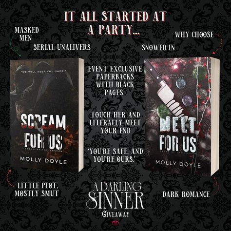 ✨𝑨 𝑫𝒂𝒓𝒍𝒊𝒏𝒈 𝑺𝒊𝒏𝒏𝒆𝒓 𝑷𝒓𝒊𝒛𝒆 𝑩𝒖𝒏𝒅𝒍𝒆✨ Along with a top tier Sinners ticket to @sinnersandstardustball you’ll find these gems waiting at my table if you win our epic giveaway. Which of these are you d¥ing to get your hands on?! 𝑻𝒂𝒌𝒆 𝒂 𝒍𝒐𝒐𝒌, 𝑫𝒂𝒓𝒍𝒊𝒏𝒈 ✨ The Blood That Binds Us paperback + 2 art prints from @erinmainordauthor 🖤 A Sword of Shadow and Deceit paperback + 2 art prints from @authorlucysmoke 🔪 Signing exclusive paperbacks (black pages) of Scream For Us and Melt For Us from @realmollydoyl... Scream For Us, Touching Herself, Top Tier, Book Recommendations, Scream, Book Club, Hands On, Romance, Gems