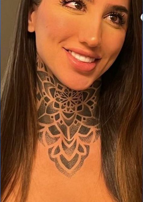 Mandela Neck Tattoos Women, Big Neck Tattoos Women, Neck Mandala Tattoo, Neck Throat Tattoos Women, Neck Tattoos Women Throat, Front Neck Tattoos Women, Throat Tattoos Women, Mandala Neck Tattoo, Geometric Throat Tattoo