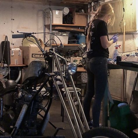 My garage @idaliol #garage #motorcyclegirl #bikergirl #harleygirl #chopper #yamahaxs650 #xs650 #motorcycles Female Carpenter Aesthetic, Woman Mechanic Aesthetic, Mechanic Woman, Mechanic Aesthetic, Mechanic Girl, Garage Aesthetic, Mechanics Aesthetic, Woman Mechanic, Girl Mechanics