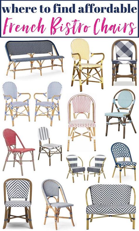 38 of the prettiest french bistro chairs currently available to buy! Ranging in color, patterns and price points, this is the best roundup of french bistro chairs around! Makes it easy to compare! #bistrochair #frenchbistrochair #bistrochairs #frenchbistrochairs French Bistro Chairs Outdoor Patio, Outdoor French Bistro Chairs, French Bistro Patio, Bistro Chairs Outdoor, French Bistro Chairs, Durable Outdoor Furniture, Bistro Furniture, Woven Chair, 카페 인테리어 디자인